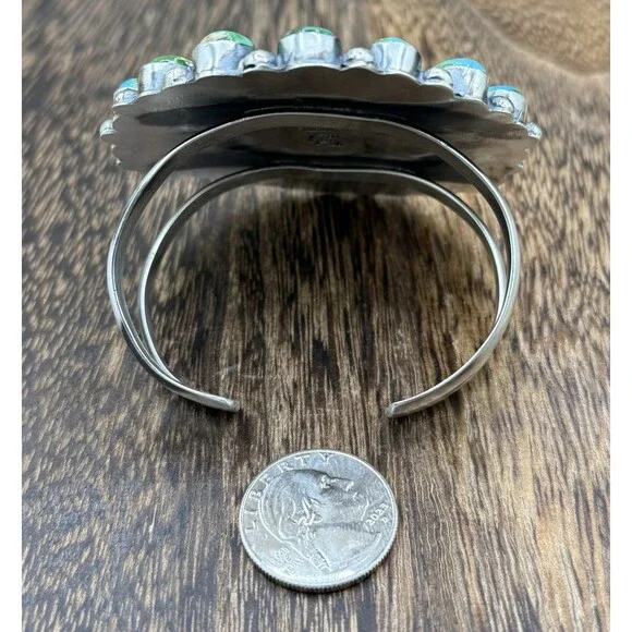 Navajo Handmade Sterling Silver Sonoran Gold Turquoise Mega Cuff Bracelet - Picture 7 of 9